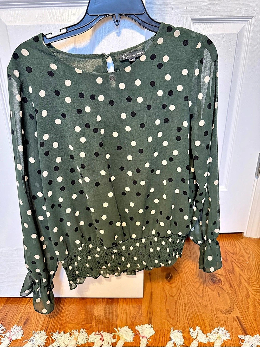 Adrianna Papell Polka Dot Smocked Waist Blouse Green & Black Medium